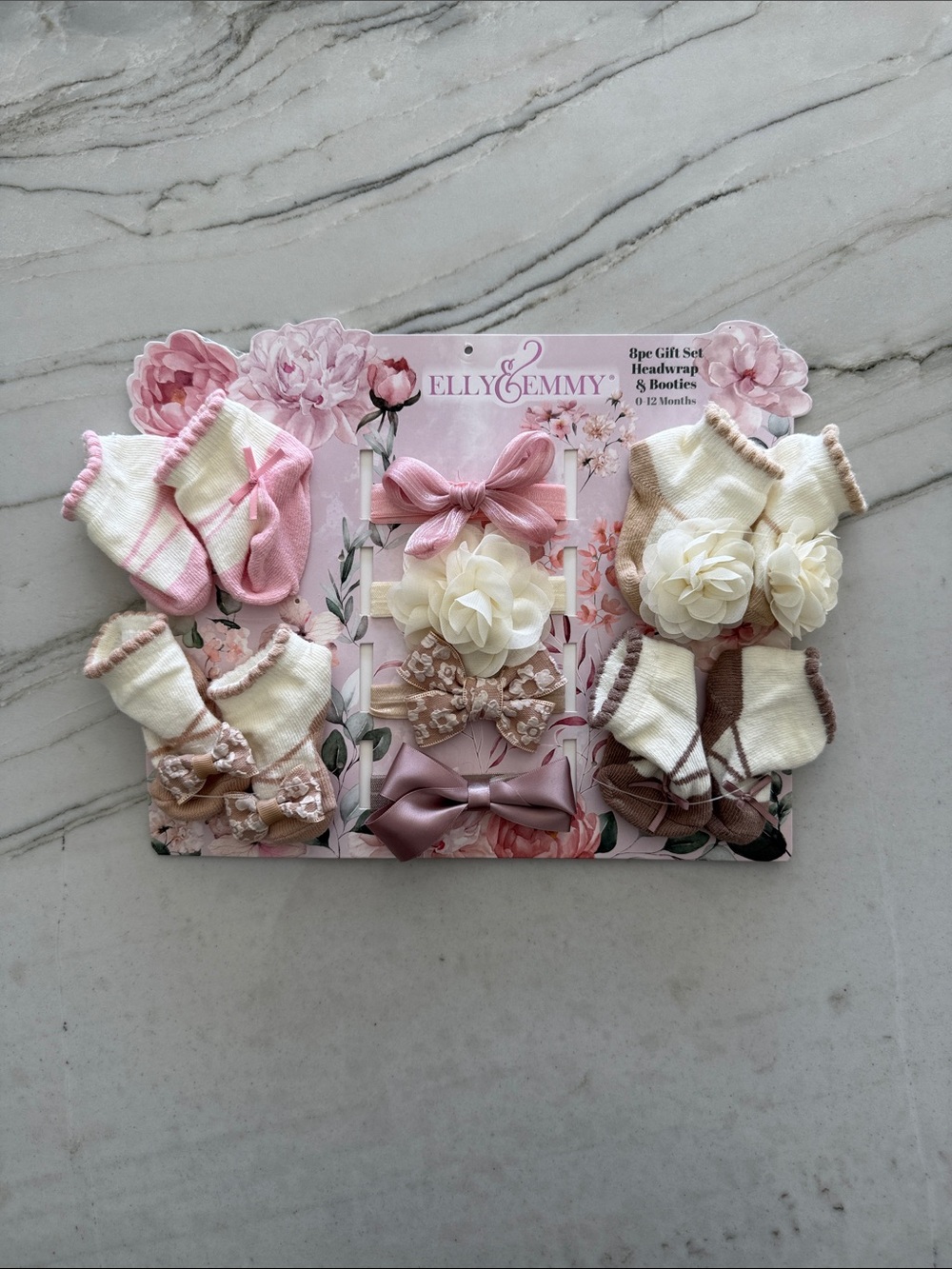 Baby Bow and Booties Set - Pink, Cream & Brown